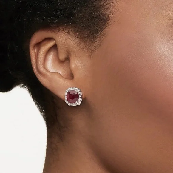Precious Ruby Gemstone & White Topaz Stud Earrings in Solid Sterling Silver - Picture 3 of 8
